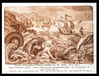 Jona en de walvis, illustratie uit een Bijbel, gegraveerd door Gabriel Bodeneer